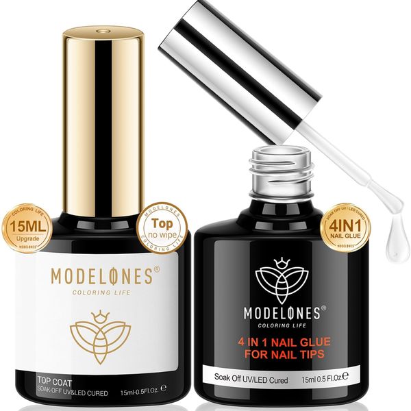 Modelones Top Coat Gel 4 in 1 Nail Glue Base Gel 15ml Nail Tip Glue & Base Coat & Reinforced Gel & Rhinestone Glue Long Lasting Gloss Large Capacity