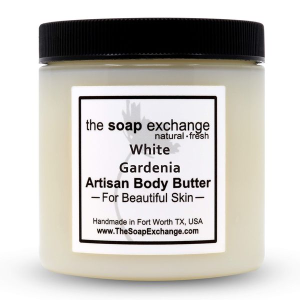 The Soap Exchange Body Butter - White Gardenia Scent - Hand Crafted 4 fl oz / 120 ml Natural Artisan Skin Care, Shea Butter, Aloe Vera, Nourish, Moisturize, & Protect. Made in the USA.