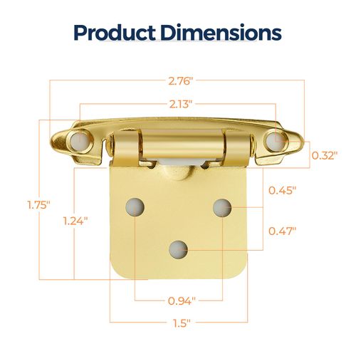Home Expert 4 Pack (2 Pairs) Gold Cabinet Hinges for Kitchen Doors, Self-Closing, 1/2 Inch Overlay (Variable), Semi-Concealed Face Frame, Surface Mount Cabinet Hardware, Satin Brass