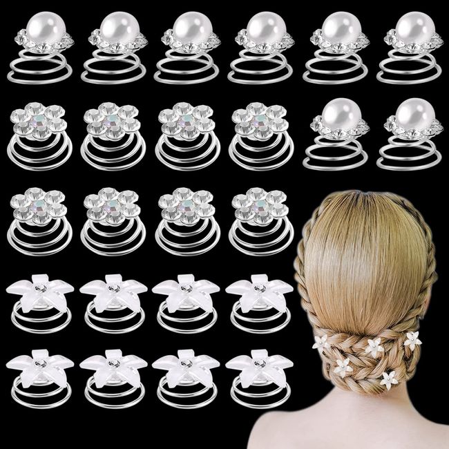 PNOOFR 24 Stück Kristall Spirale HaarnadelSpiral Haarspiralen Haarspange Haarschmuck Aus Kristall Spiral Twist Haarnadel Haarklammer für Frauen Damen Silbrig Weiß