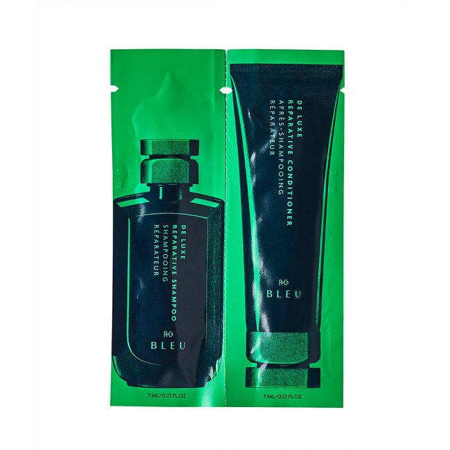 R+Co BLEU De Luxe Reparative Shampoo + Conditioner Tandem Packette | Hydrates + Strengthens + Adds Shine | Vegan, Sustainable + Cruelty-Free | 14ml