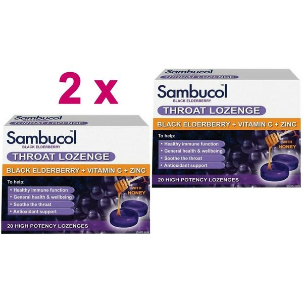 2 x Sambucol Black Elderberry Throat Lozenges 20 + Vitamin C, Zinc & Honey