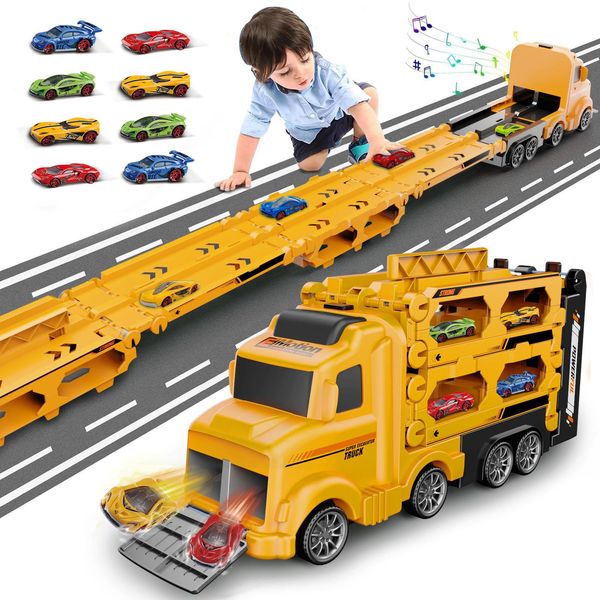 Veslier Race Car Track Toddlers Toys,Race Tracks for Kids with 3 Foldable Layer Car Race Track Playset,Transport Car Carrier & 8 Race Cars,Birthday Gifts for 3 4 5 6+ Year Old Boys Girls.