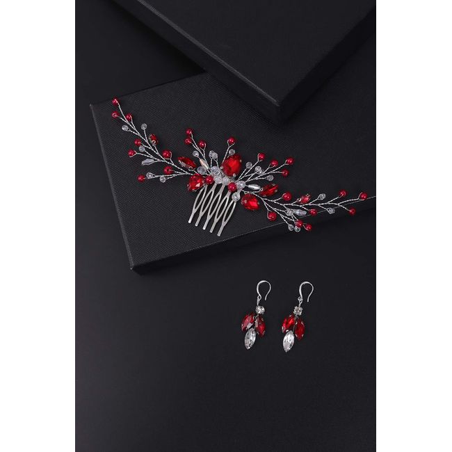 BERYUAN Women Opal Red Crystal Beaded Earring Hair Vine Set Red Wedding Hair Accessory Hair Comb Piece Gift for Her Party Headpiece for Bride Bridesmaid Girls