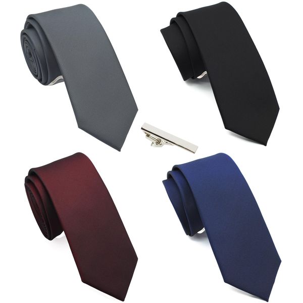 ZENXUS Skinny Solid Ties for Men, 2.5 inch Slim Neckties Matte Plain Assorted, Navy, Gray, Burgundy, Black, 4-Pack plus Silver Tie Bar