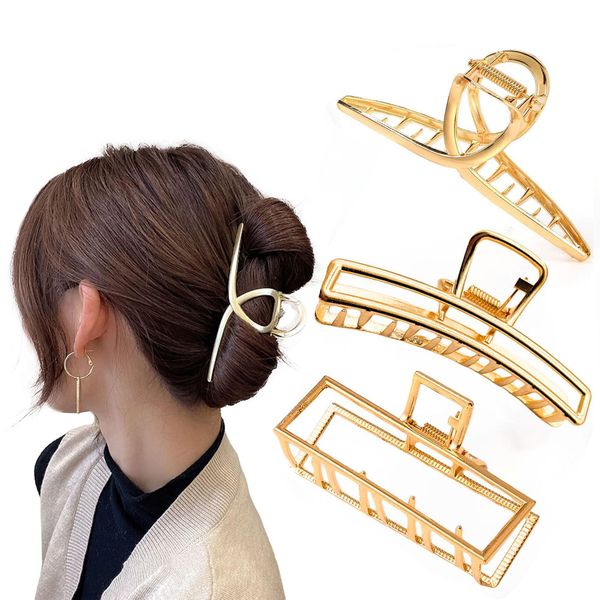 SIXDUTON 3 Stück Haarklammer Große für Damen, Rutschfeste Gold Metall Haarklammer, Haarspangen Mädchen Claw Clip Haar Klammern Set für Frauen Mädchen Dickes Dünnes Haar (B)