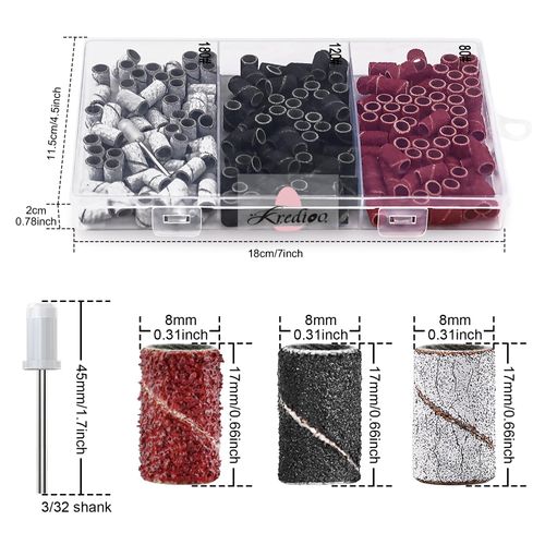 Kredioo Sanding Bands For Nail Drill, 210 Pcs 80# 120# 180# Grit Nail Sanding Bands for 3/32" Drill Bit, With Storage Case and 3/32” Mandrel, for Home Nail Salon Manicure Pedicure