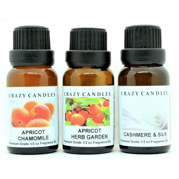 3 Bottles Set, 1 Apricot Chamomile, 1 Apricot Herb Garden, 1 Cashmere & Silk 1/2 Fl Oz Each (15ml) Premium Grade Scented Fragrance Oils by Crazy Candles