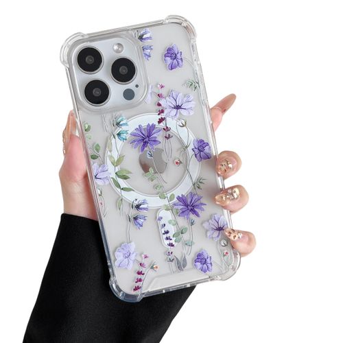 DEFBSC Magnetic Case for iPhone 14 Pro Max Work with Magsafe, Clear Floral Flower Pattern Print Design Flexible Acrylic Shockproof Cover for Women Girls, Flower Protective Phone Case, Purple Cosmos