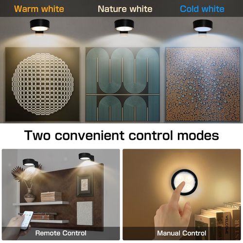 2-Pack Picture Light for Paintings Battery Operated Art Light with Remotes,3 Lighting Display Light,Magnetic Dimmable and Timer Wall Light for Picture Artworking Frame Portrait,LED Puck Lights-Black