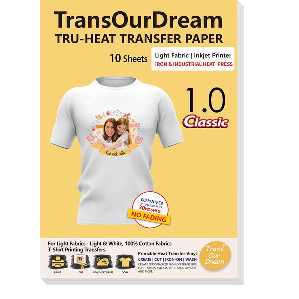 TransOurDream Tru-Light Transfer Paper Transparent Firm Iron on Transfers T Shirt Printing Inkjet Printer A4×10 Sheets Printable Heat Transfer Vinyl Classic Use (L-1.0-10）