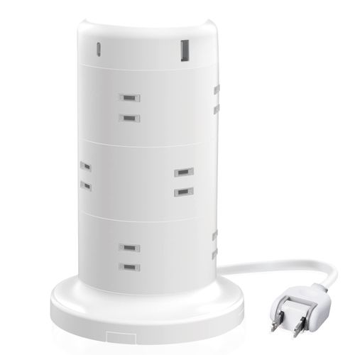 Elecom ECT-2220WH Tower-shaped Power Strip, Extension Cord, 12 Outlets, 2 USB-C Ports, 3 USB Ports, USB PD 45W, Lightning Guard, Dust Shutter, Mounting Parts Included, 6.6 ft (2 m), White