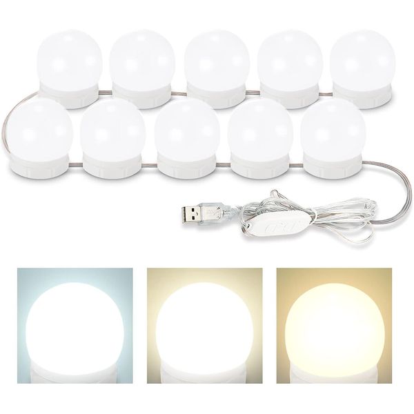 White LED Makeup Vanity Mirror Lights Adjustable 3 Color With 10 Dimmable Bulbs