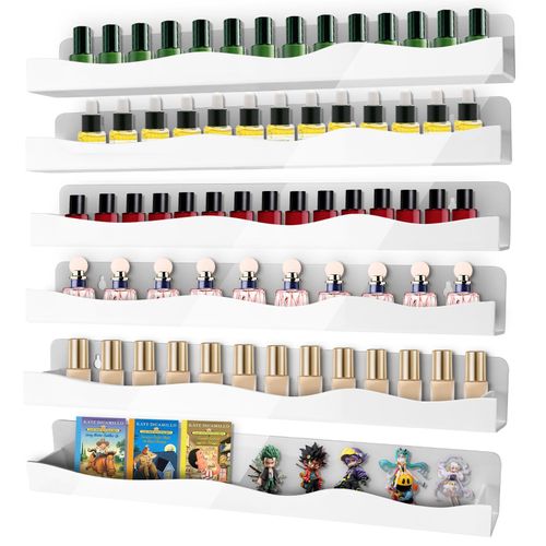 6 Pack Wall Mounted Acrylic Nail Polish Organizer Rack 15 Inch White Nail Polish Shelf with Removable Ends Multi-Purpose Shelf for Essential Oils Cosmetics Storage Display for Salon Bathroom