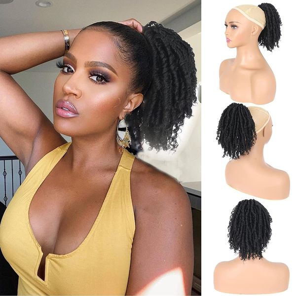 CINHOO Clip on Drawstring Ponytails for Black Women Faux Loc Ponytail Hair Piece, Soft Locs Buns Ponytail for Black Women Synthetic Short Curly Kid Ponytail Extension for Black Women Child(1B)
