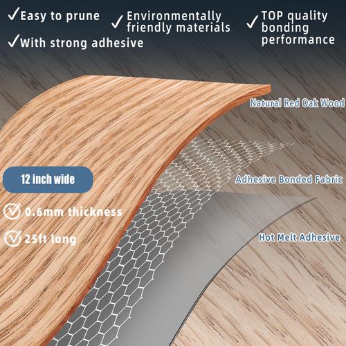 ZYJT Red Oak Wood Veneer, 12 inch x 25ft Wood Edge Banding Pre-glued Flexible, Veneer Tape Banding for Cabinet Repair Furniture Restoration
