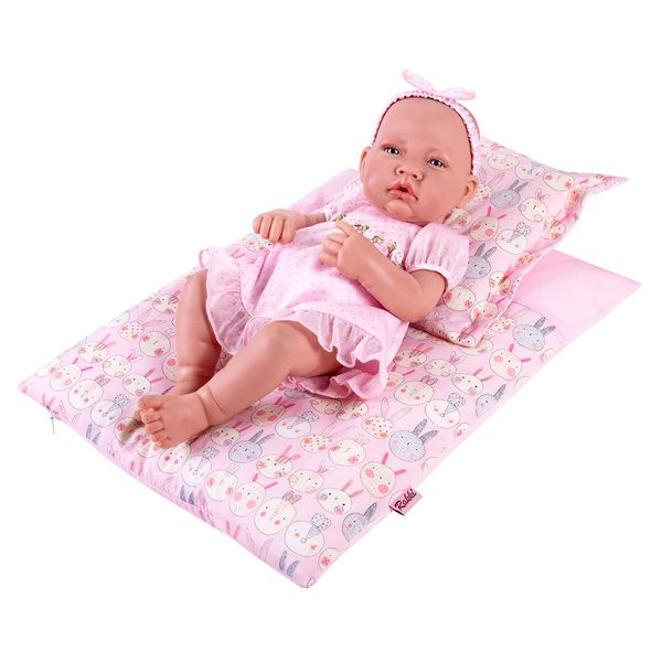 Doll Blanket and Pillow Set with Pink Rabbit Print Bedding Pad/Mattress/Blanket Cute Doll Accessories Includes 1 Mattress 1 Pillow, 2 Pc. Set Doll Bedding Fits 18 Inch Doll Gifts (Doll not Included)