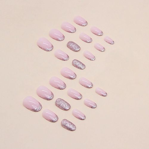Resweky Mandorla Lunghe Unghie False Rosa Nude Paillette Glitter Unghie False Lucide Copertura Completa Unghie Acriliche French Press su Unghie per le Donne
