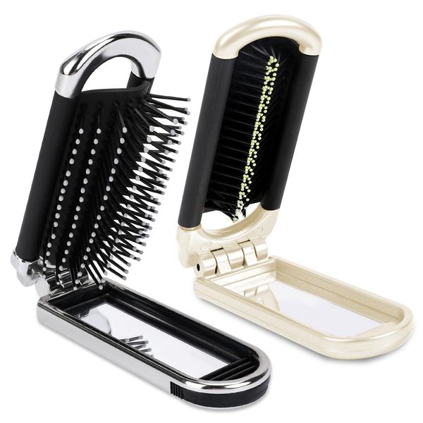 Klapp Haarbürste mit Reisespiegel, 2 Stück Mini Haarbürste Faltbare Haarmassagekamm Runde Reisehaarbürste Tragbare Klein Taschenbürste für Männer Mädchen Frauen (Creme & Silber)