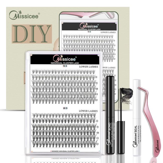 DIY Lash Extension Set, Missicee Falsche Wimpern Einzeln Set, Wimpern Extension Set für Wimpernverlängerung Mit 240 Stück 10D/20D 8–12 mm Cluster Lashes Mixed, Pinzette und Spiralbürste Bond & Seal…