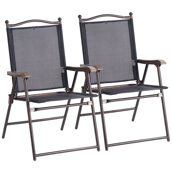 Giantex Set of 2 Patio Folding Chairs, Sling Chairs, Indoor Outdoor Lawn Chairs, Camping Garden Pool Beach Yard Lounge Chairs w/Armrest, Patio Dining Chairs, Metal Frame No Assembly, Black