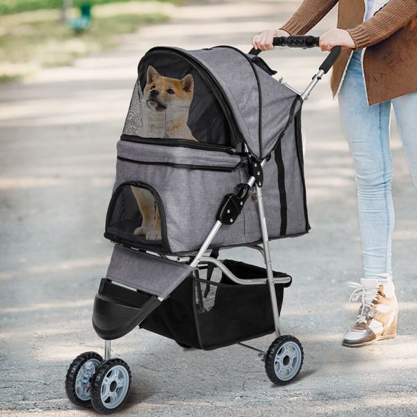 3 Wheels Pet Stroller Lightweight Dog Cat Jogger Stroller W/ Cup Holder Grey