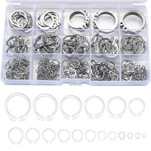 408 Pcs External Retaining Rings, Circlips C-Clips Snap Rings, E-Clips Circlips Assortment Kit, 18 Sizes Stainless Steel Internal Retaining Rings for Grooved Shafts Studs Other Moving Parts