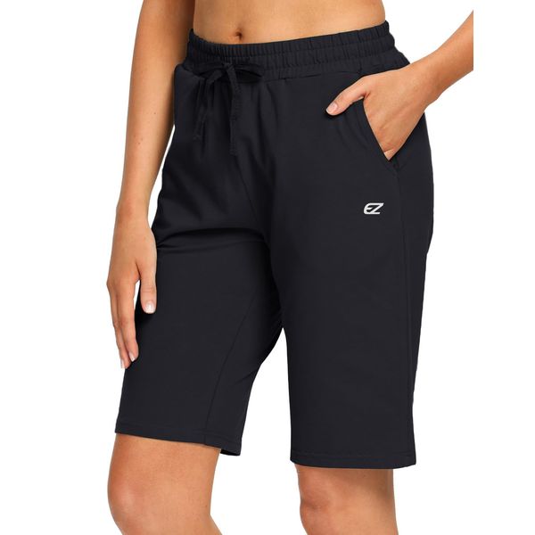 EZRUN Womens Bermuda Shorts Summer Sweat Shorts with Deep Pockets 10" Cotton Shorts for Women Gym Workout Black