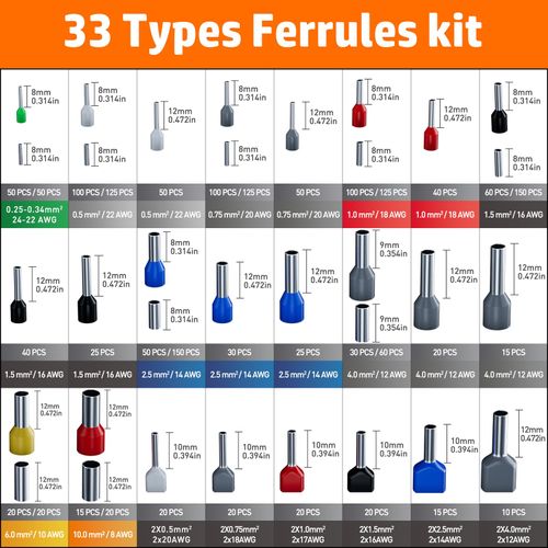 PEBA Ferrule Crimping Tool Kit, with 33 Types of Wire Ferrules, AWG 28-7 Self-Adjusting Hexagon Crimping Pliers and Wire Stripper | Ratchet Crimp Tool for Insulated/Uninsulated Ferrules - Hex Crimper