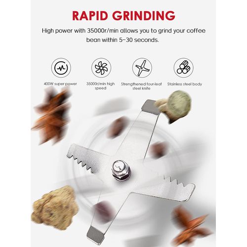 Moongiantgo Multifunctional Smash Machine, 400W 35000rpm Grain & Coffee & Spice Grinder, Stainless Steel, OPEN-COVER-STOP Safety Design, Perfect for Dry Materials, Grain, Spices, Herbs, Coffee