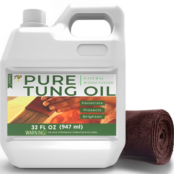 Godora 32 oz Pure Tung Oil for Wood Finishing, Wood Sealer for Indoor & Outdoor Favored by Craftsmen for Furniture & Countertop, Waterproofing Perfect Food Safety Tung Oil for Wood Product