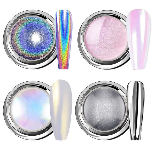 Chrome Nail Powder, White Pearl Nail Powder 4Pcs Chrome Powder for Nails, Metallic Holographic Nail Powder Mermaid Aurora Nail Art Pigment Solid Powder for DIY Manicure (with 4 Sponge Brush) (Set 1)