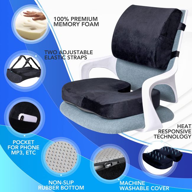 Back Tailbone Pain Relief Seat Cushion Memory Foam Non-Slip Desk Chair  Cushion