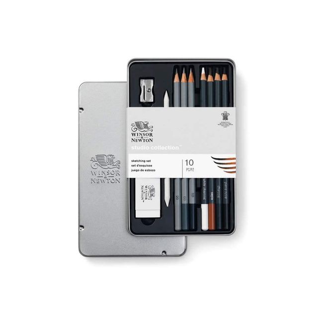 Winsor & Newton Studio Collection Sketch Drawing Drawing Pencils Graphite & Charcoal with Pencils, Blender, Eraser and Sharpener Artist Professional Quality 10 Set(7+3pcs)