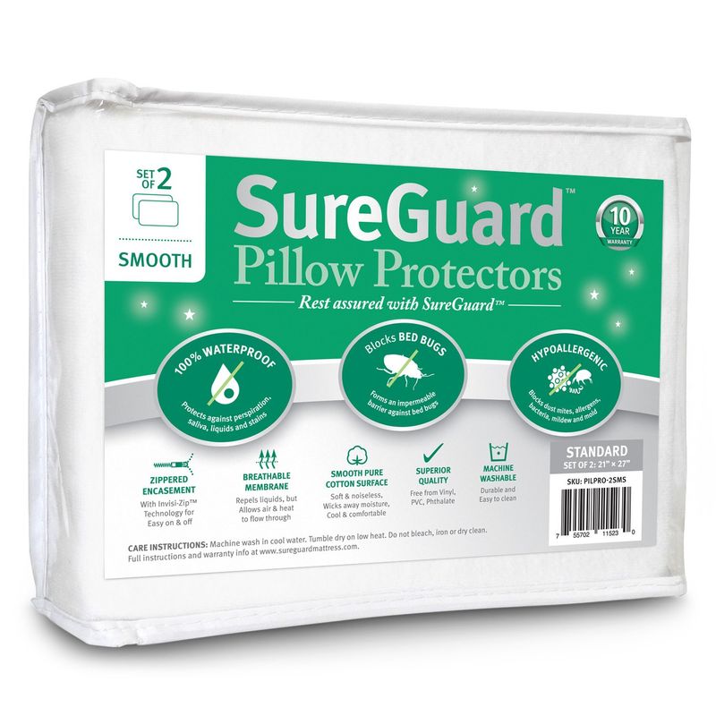 Set of 2 Standard Size SureGuard Pillow Protectors - 100% Waterproof ...