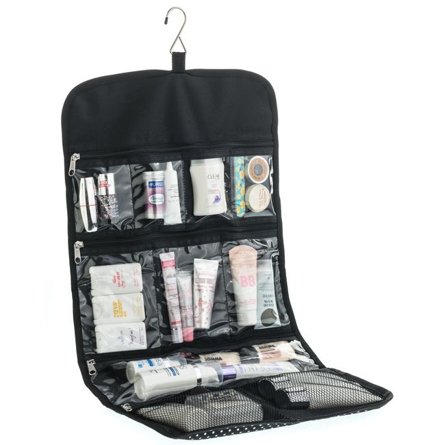 Hanging Toiletry Bag for Women ODESSA. Ideal for Storing Cosmetics, Makeup and Jewelry in an Organized Way. Large Size, Various Compartments. Black with White Polka Dots.