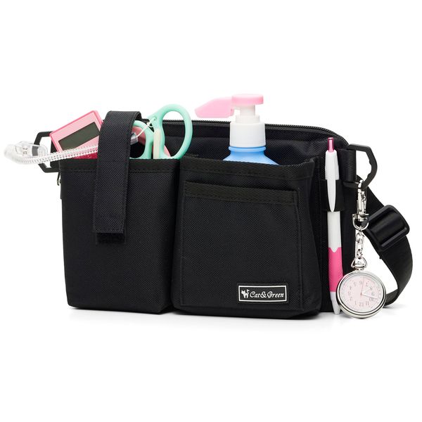 Nurse Pouch, Waist Pouch (Supervised by Active Nurses) Hand Disinfectant Solution, Waist Bag, Apron Bag, Cat & Green (Black with Lid))