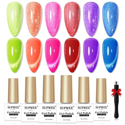 SUPWEE Cat Eye Gel UV Gel Set di 6 colori riflettenti Glitter Neon Cat Magnetico Gel con magnete Fluorescente Olografico Cateye Gel Fai da te Manicure Salon Art