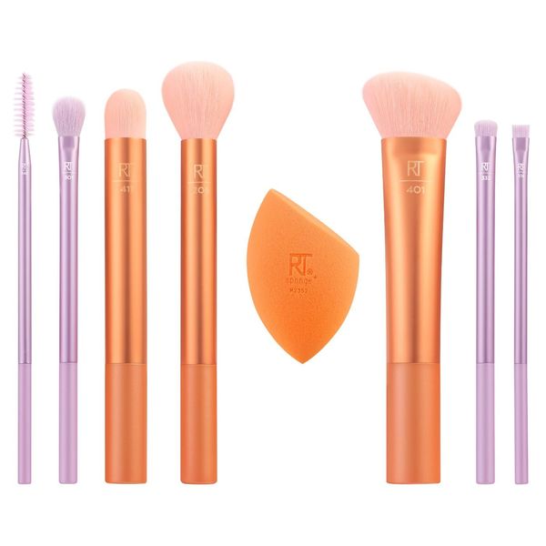 Real Techniques Level Up Brush And Sponge Kit, Makeup Brushes For Eyeshadow, Foundation, Blush, & Bronzer, Makeup Blending Sponge, Professional Quality Makeup Tools, Synthetic Bristles, 8 Piece Set