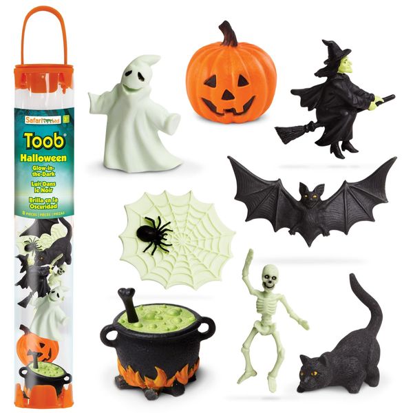 Safari Ltd. Glow-in-the-Dark Halloween Toob - Mini Figures: Bat, Cat, Skeleton, Ghost, Witch, Cauldron, Spider, Pumpkin - Educational Toy Figures For Boys, Girls & Kids Ages 3+