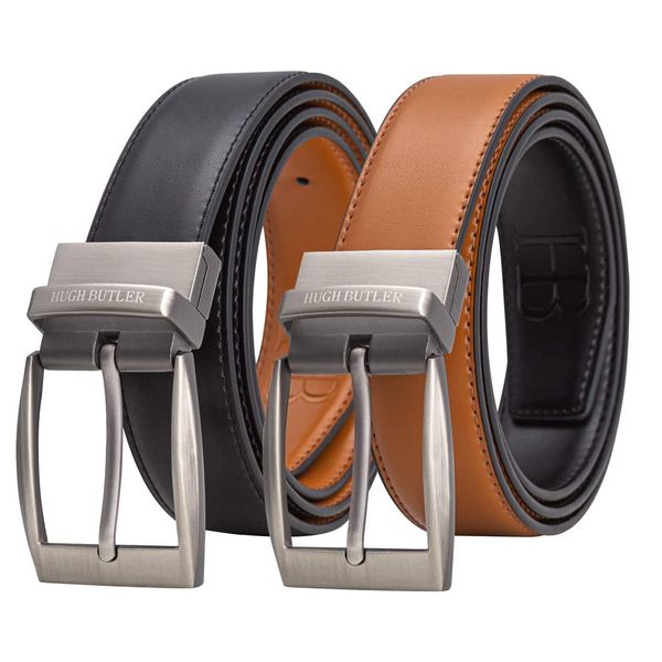 HUGH BUTLER Leather Belt Men, One Belt-Two Colors: Black/Brown, Universal Size, Reversible Belt Mens Belts Leather Black Belt/Brown Leather Belt For Men Smart Belt Casual Belt Steel Belt Buckle