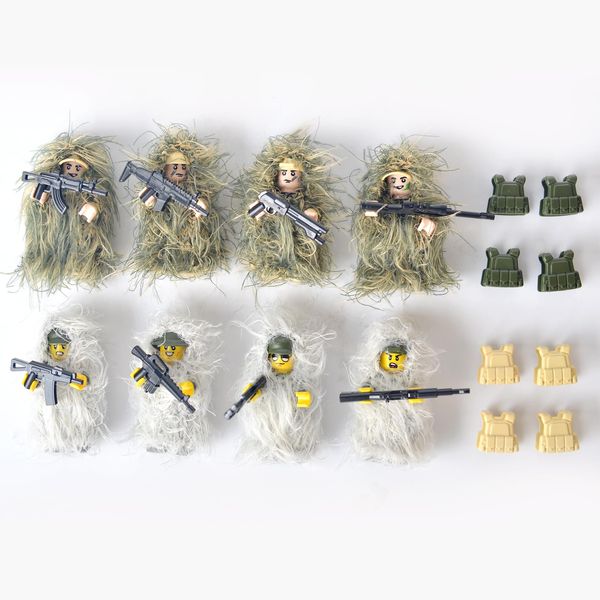 WW2 Military Minfigures Toys，Action Minifigures in Jungle and snowfield Fatigues, Special Forces Soldier Figures in Ghillie Suit with Weapons and Accessories Gift (8 Figures Included and 1War horse)