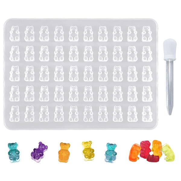 Samcos Silicone Mold, Gummy Bear Mold w/ 50 Cavities, w/ Pipettes, Epoxy Resin, UV Resin, Clay, Cutout, Soft Mold, Translucent, DIY, Handmade, Pendant, Earrings (I)