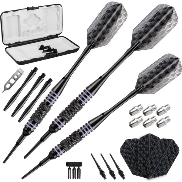 Viper Bobcat Adjustable Weight Soft Tip Darts with Storage/Travel Case: Black Coated Brass, Purple Rings, 16-19 Grams