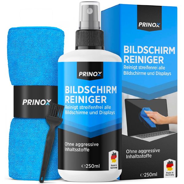 PRINOX Screen Cleaner Set 250 ml with Microfibre Cloth and Brush - Screen Cleaner for Mobile Phones, Laptops and TV Displays (LCD, LED, OLED, QLED, TFT) Against Grease Stains and Fingerprints