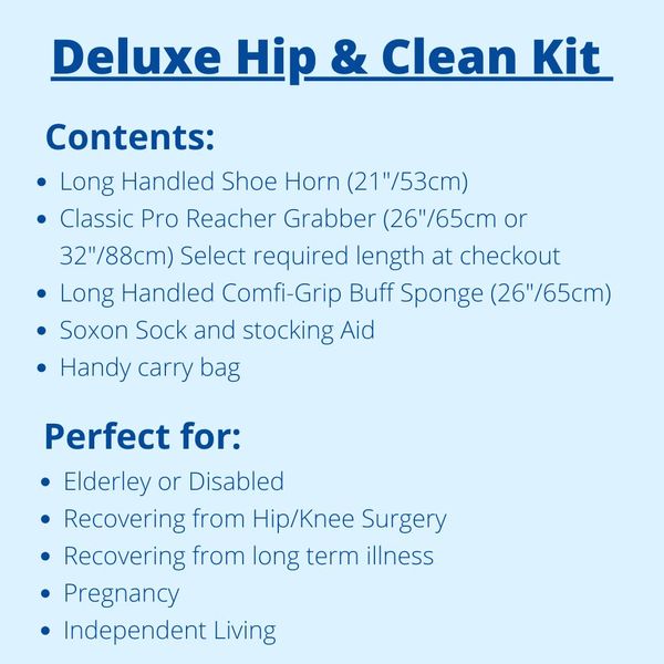 Helping Hand Company 5 Piece Hip Replacement Recovery Kit, Surgery Recovery Set – 26"/66cm Classic PRO Reacher Grabber, Soxon Sock Aid, Long Handled Shoe Horn, Exfoliator Sponge, Carry Bag