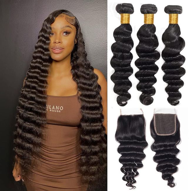 Suerkeep Loose Deep Wave Bundles with Closure 12A Peruvian 100% Unprocessed Virgin Human Hair Extensions Loose Wave Bundles with Closure 26"24"22" with 18"closure Long Curly Bundles with Closure Human Hair Natural Black Color ( Bundles with closure)