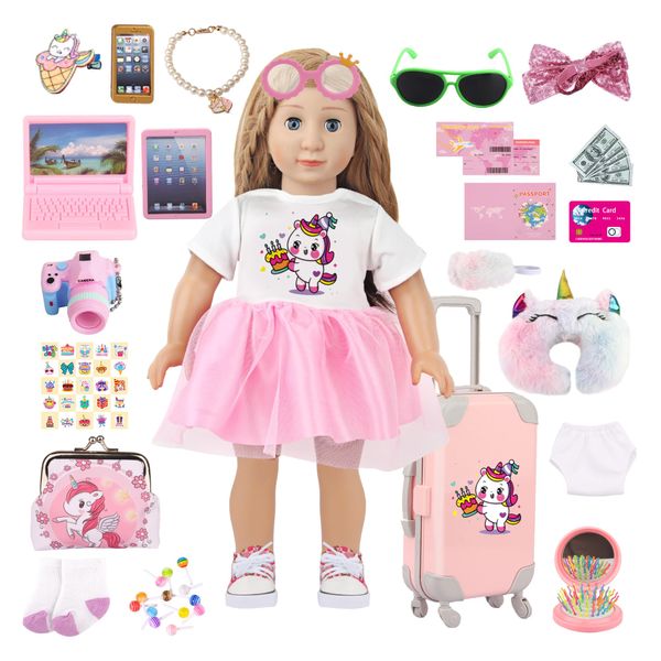 MSYO 48 Pcs 18 inch Doll Travel Suitcase Play Set for Girls, Doll Accessories with Suitcase and Travel Items Including Dress Shoes Sunglass Mirror Coin Purse Digtal Kit, for Kids