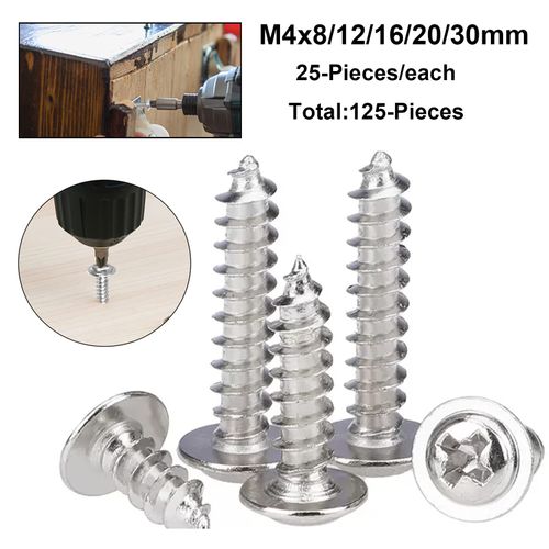 FandWay Phillips Pan Head With Washer Self-Tapping Screws, M4 x 8/12/16/20/30mm,304 Stainless Steel Wafer Head Tapper Screws, Truss Head Screws, Wood Screws Assortment Set (25-Pieces/each)