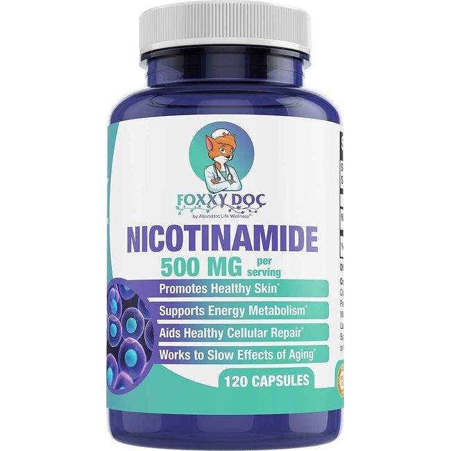 Dr. Valerie Nelson Nicotinamide 500 mg - Vitamin B3 – Energy; Cell & Skin Health. Value Priced - Flush-Free - 120 Veggie Caps by Foxxy Doc